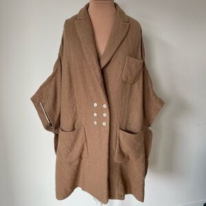 Nells Nelson Camelhair Tan Brown Button Front 3 Pocket Cape Coat Size IT 42 US 6